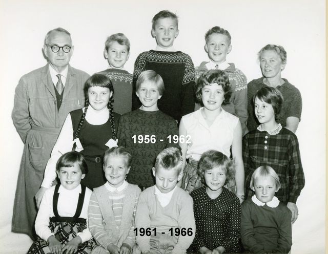 BILDET ER TATT ETTER SOMMEREN 1961 OG VISER PÅ FØRSTE RAD ELEVER FRA 1961-1966. DE ANDRE ELEVENE ER FRA 1956-1962.
FØRSTE REKKE FRA VENSTRE: ANNE KARIN OLSRUD, GUNHILD MARGRETE KØIEN (SPARBY), ODD TRØYTERUD, NINA HEDLUND OG MARIT ÅSEN. ANDRE REKKE FRA VENSTRE: BIRGIT NILSEN (HALVORSEN), INGRID GRÆSMO (HOLTER), GUNHILD LIBÆK OG GRETHE FINSTAD (BEKKESLETTEN). BAKERSTE REKKE FRA VENSTRE: LÆRER ODD ARNESEN, OLAV HASLEENGEN, WILLY GUNNARSRUD, ODD ARNE URDAHL OG LÆRER ELSE EIG (SVENNEBY). (BILDET OG NAVNELISTE ER SKAFFET TIL VEIE AV RAGNHILD URDAHL OG HANS KRISTIAN URDAHL).