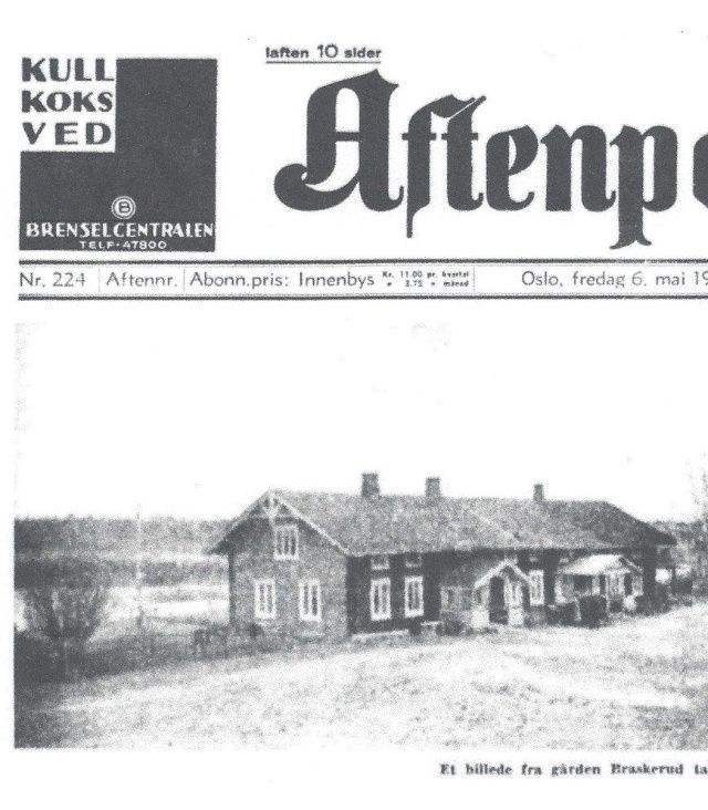 Hendelsen var slått opp på 1. side i Aftenposten fredag 6. mai 1938. Bildene over viser gården Braskerud i mai 1938 og to av de som ble drept. Fra venstre Lensmann Adolf Taarneby og den sinnsyke Bjørn Braskeruds far Edvard Braskerud.