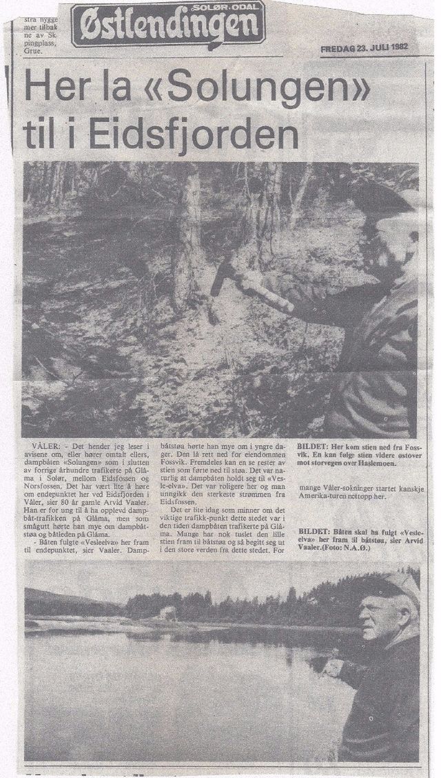 Faksimile fra Østlendingen av fredag 23. juli 1982. Her viser den 82 år gamle Arvid Vaaler hvor endepunktet for 