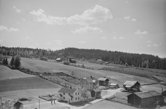 Solberg mellom, Solberg nordre, Skjærpen og Smedstua. Foto: Widerøe AS 1958.